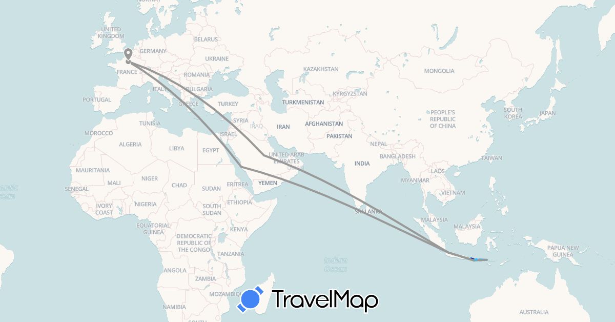 TravelMap itinerary: driving, bus, plane, boat in France, Indonesia, Saudi Arabia (Asia, Europe)